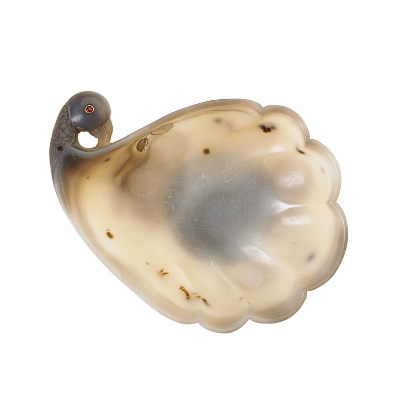 MUGHAL STYLE WHITE JADE BOWL: Hand-carved peacock's head handle with colored jewel inserts, 20th c.; 2" x 8"