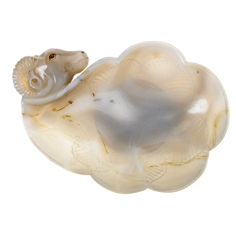 MUGHAL STYLE WHITE JADE BOWL: Hand-carved ram's head handle with colored jewel inserts, 20th c.; 3/4" x 5"