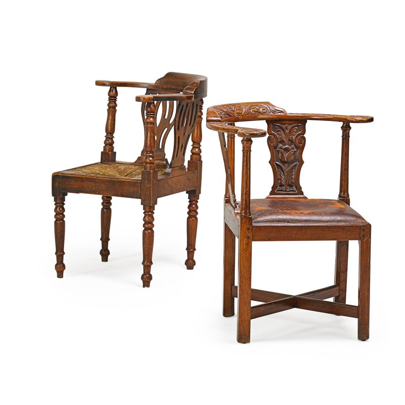 GEORGIAN CORNER CHAIRS: Two: One mahogany with leather seat and one walnut with rush seat, 19th c.; 38 1/2" x 25" x 24"
