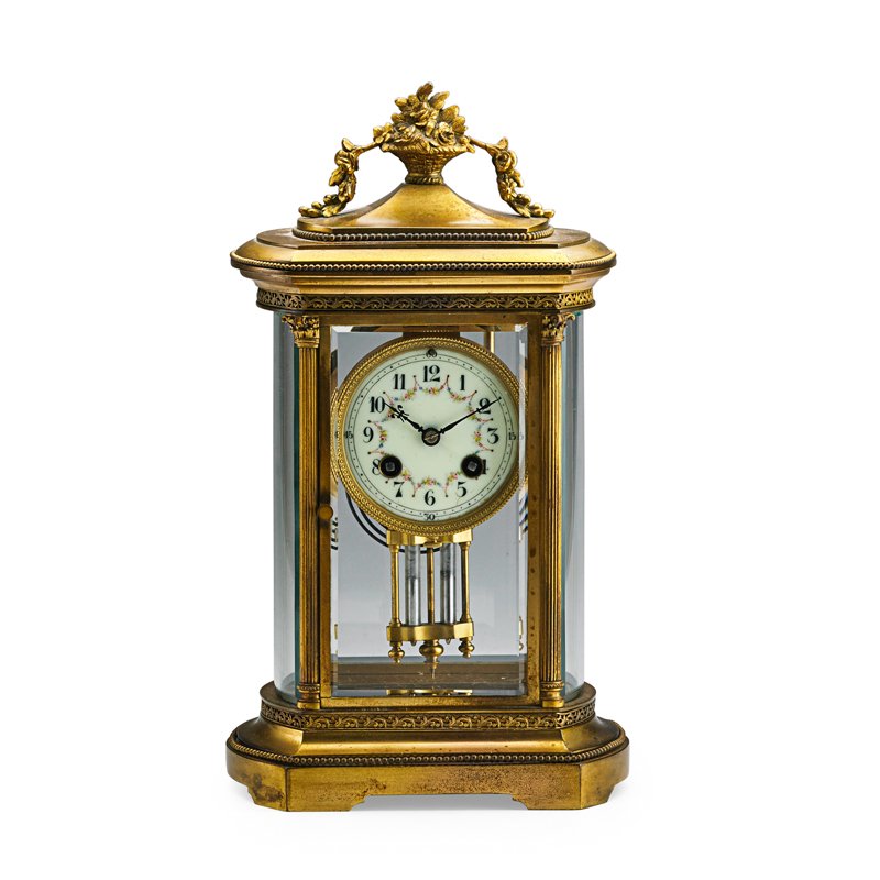 FRENCH CRYSTAL REGULATOR CLOCK: Brass case with bouquet of flowers and hand-painted porcelain face, eight day time and strike movement with mercury pendulum, 19th c.; Marked Made in France; 13" x 7"