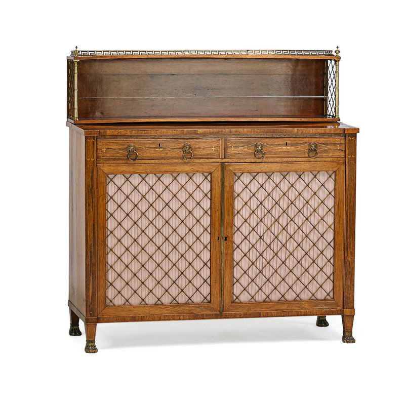 REGENCY BRASS INLAID CHIFFIONIER: In the manner of John McLean, rosewood with shelved super structure and grillwork doors raised on hairy paw feet, ca. 1810; 44" x 42" x 17 1/2"