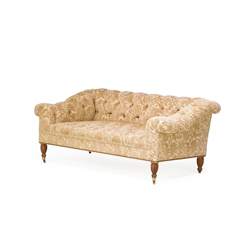 PAIR OF REGENCY STYLE SETTEES: Tufted upholstery with hardwood legs on casters; Larger: 30" x 80" x 38"