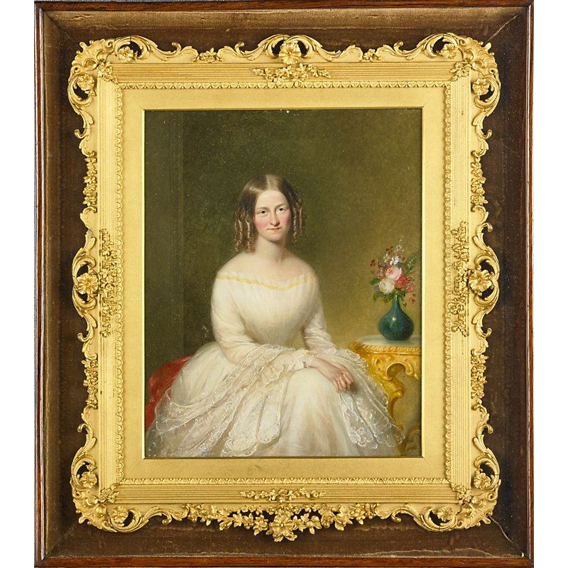 19TH C. ENGLISH PORTRAIT: Oil on metal portrait of "Ms. M. Goodyear" (framed); 17 1/2" x 15 1/2" (overall)