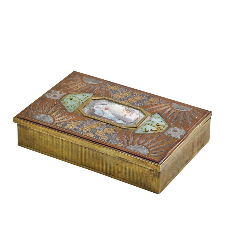 FRENCH BRASS JEWELRY BOX: Mixed metal Art Deco sunbeam and floral design with carved jade inserts, miniature panel painting, and velour interior, 20th c.; Painting signed F. Pinto; 3" x 10" x 7"