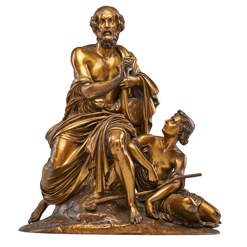 FRANCOIS THEODORE DEVAULX (French, 1808-1870): Gilt-bronze sculpture of a Greek philosopher and student; Signed; 17" x 13"