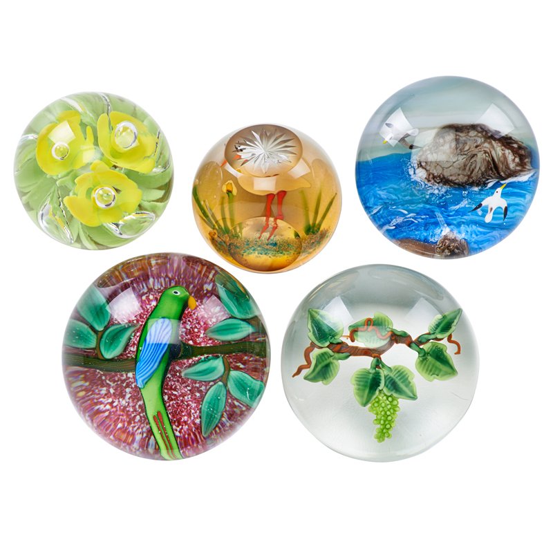STUDIO ART GLASS PAPERWEIGHTS: Five: One Randall Grubb Studios vine dome, one Caithness Scotland faceted swan, two bird domes and one floral dome, 20th c.; Grubb and Caithness signed; Largest: 3 1/2" x 3 1/2"