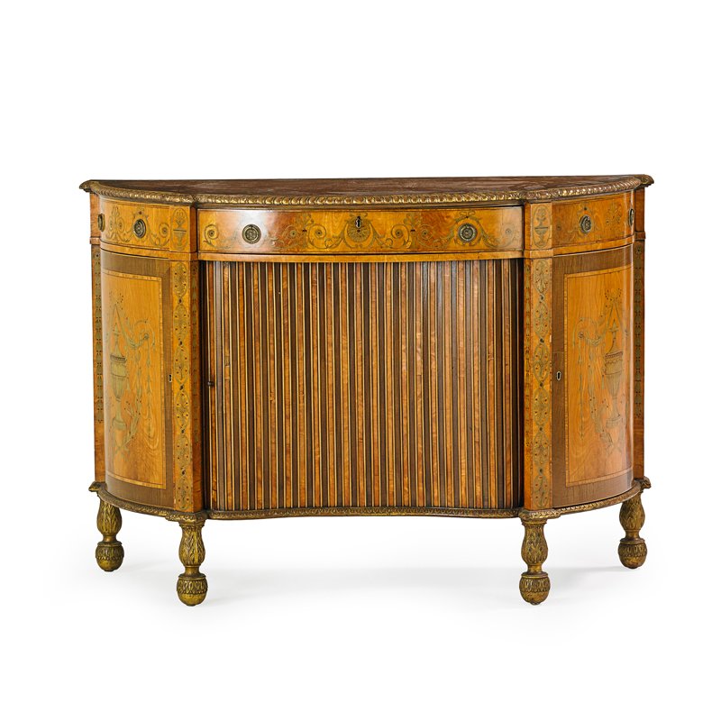 GEORGE III STYLE DEMI LUNE CABINET: Gilt-bronze mounted rosewood with marquetry; 35 1/2" x 51" x 21 1/2"