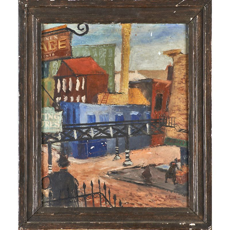 AARON BOHROD (American, 1907-1992): Oil on board cityscape with figures, ca. 1931 (framed); Signed; 20" x 15 3/4"