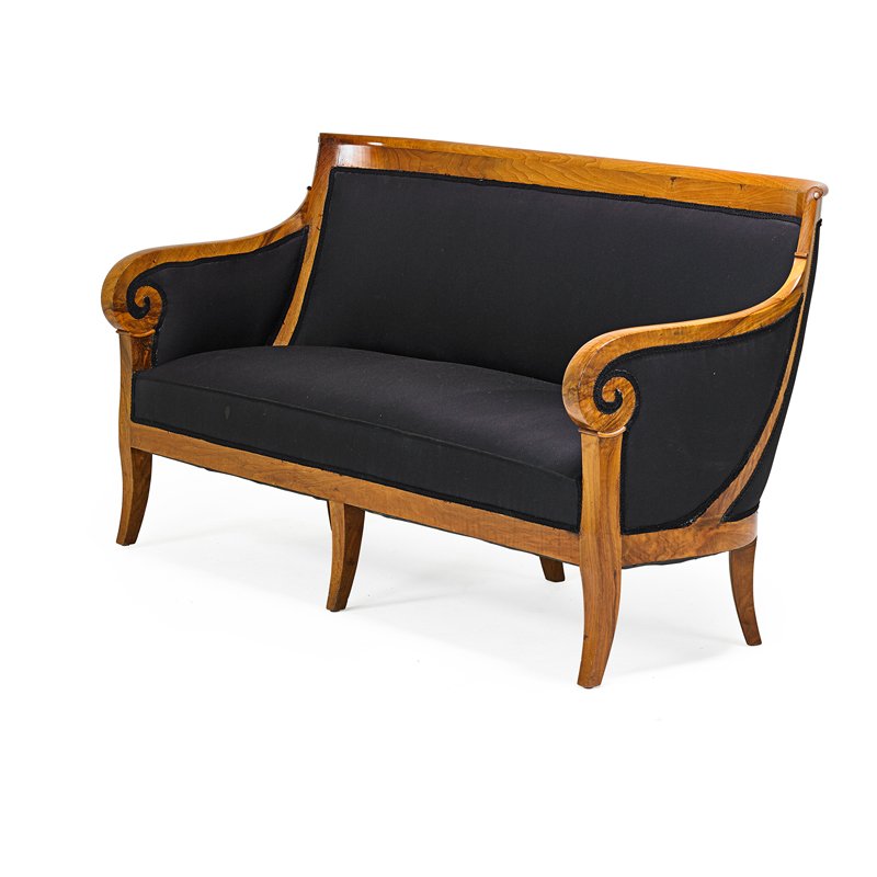 BIEDERMEIER SETTEE: Fruitwood with upholstery on tapered leg, 19th c.;36" x 69 3/4" x 28"