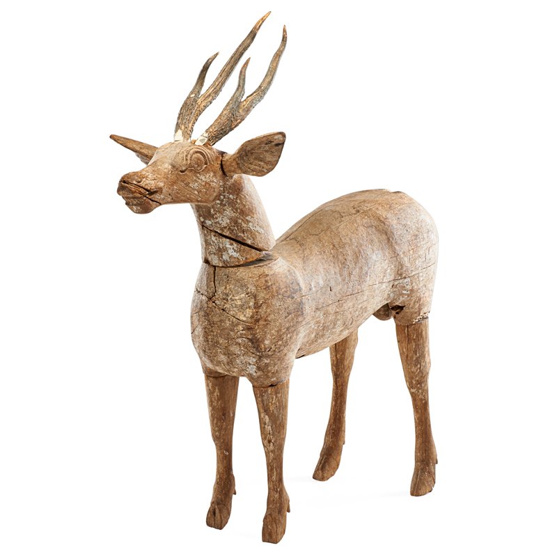 FOLK ART WOOD-CARVED FIGURE: Naturalistically rendered stag with antlers, missing tail, 19th/20th c.; 30" x 30"