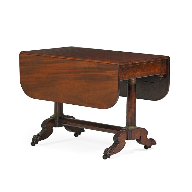 PHILADELPHIA FEDERAL DROP LEAF-TABLE: Mahogany with double pedestal base and paw feet on casters, 19th c.; 29" x 39" x 50"