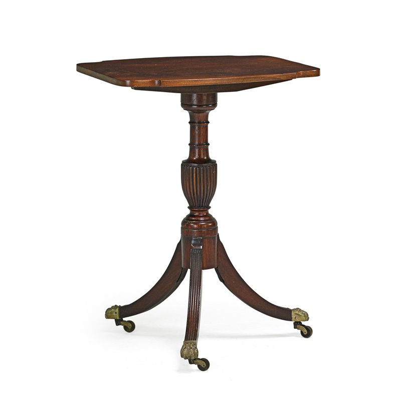 STYLE OF DUNCAN PHYFE TILT TABLE: Mahogany with carved stretcher base, ca. 1820-30.; 30" x 22" x 15"