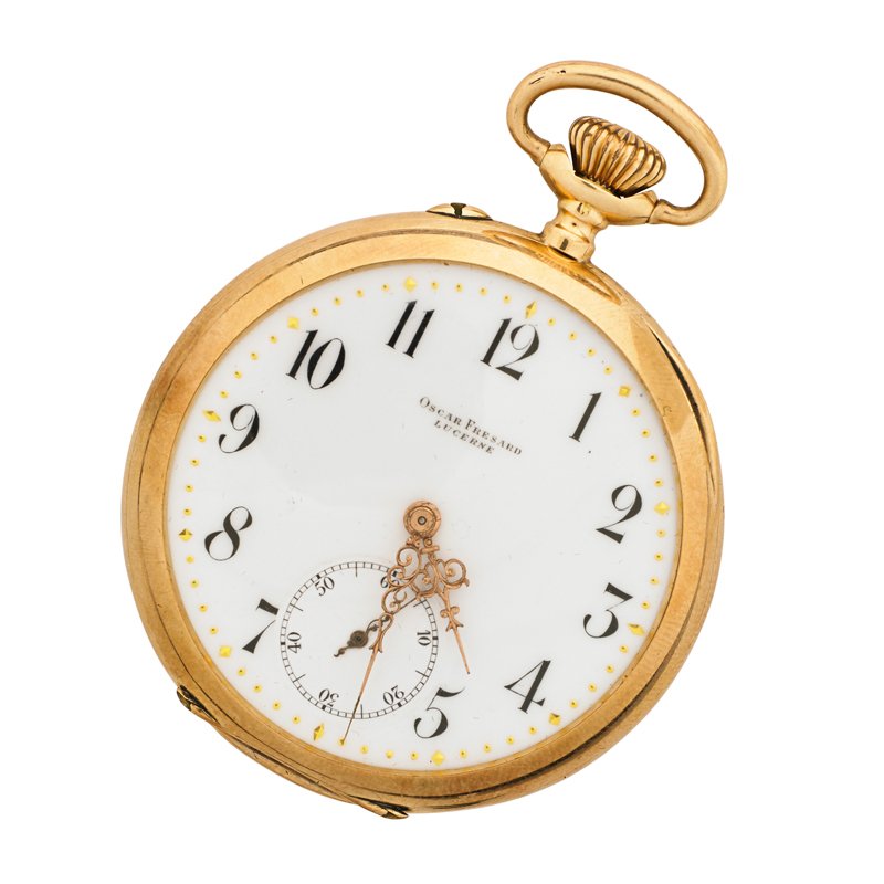 14K GOLD POCKET WATCH, OSCAR FRESARD, LUCERNE: Open face three-bodied, stem wound, pin set, jeweled and adjusted. Case #123352, 49 mm., porcelain dial, sunk sub seconds, ca. 1890. Gothic monogram BWF. 49.8 dwt. GW
