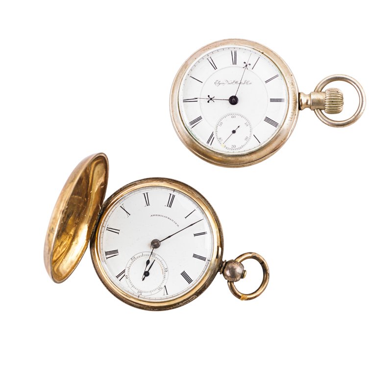 AMERICAN WATCH CO. AND ELGIN POCKET WATCHES: American Watch Co. pocket watch with hand painted porcelain dial, Roman numeral hours, sub seconds dial, key wound, key set, movement #320890, 1866 in four bodied coin silver case #E54, 55 mm.; Elgin