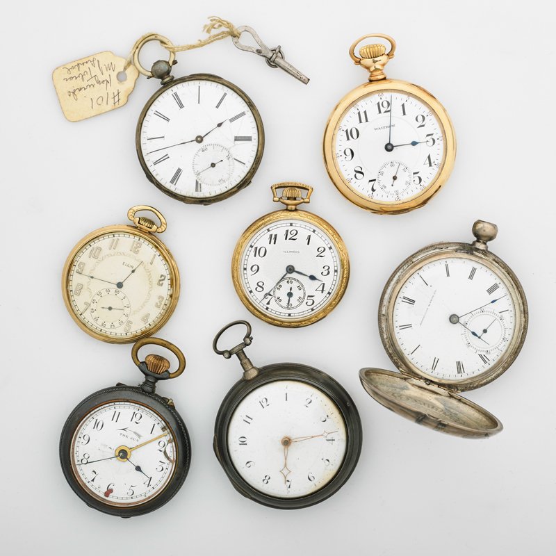 SEVEN POCKET WATCHES, 1790-1932: Silver pair cased fusee by Robert Leslie, Baltimore (Leslie and Price, Phil), #870, English silver cases, 55 mm. (runs); Tobias key wind and key set, partial silver case, (cracked dial, does not run);