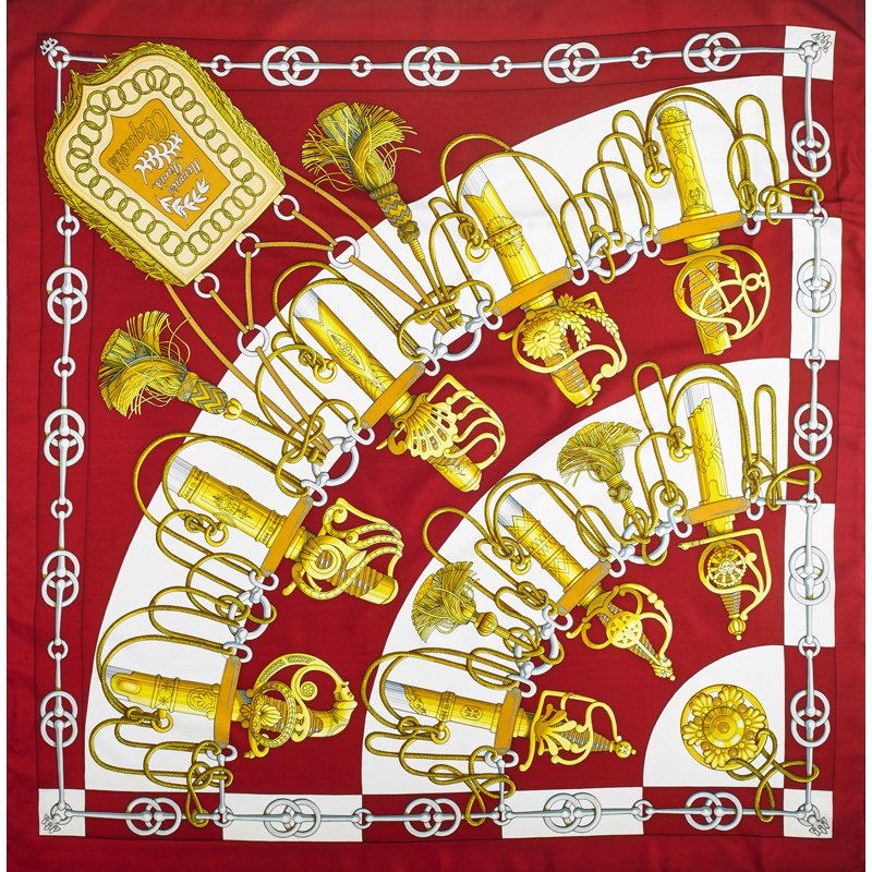 HERMES SILK "CLIQUETIS" SCARF: Burgundy and gold by Julia Abadie. 34 1/2" x 35"