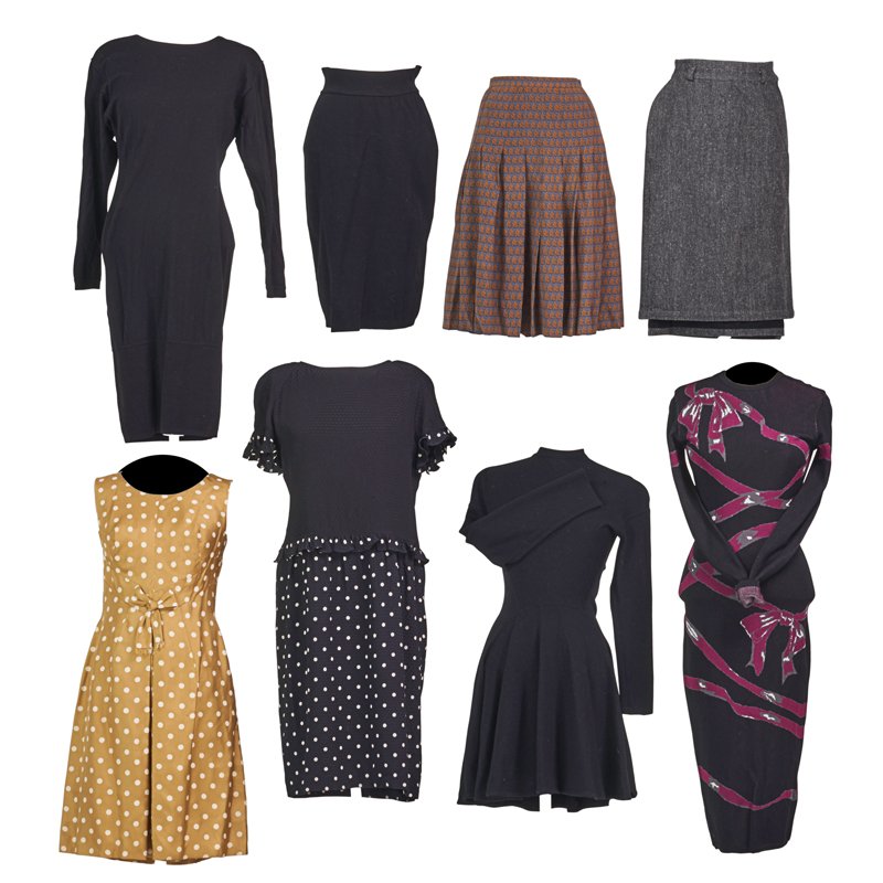 COLLECTION OF DESIGNER CLOTHING, HERMES, VERSACE: Four Alaia black knit garments, three dresses and a skirt, ca. 1990: Long sleeve skater dress, size M; Long sleeve midi length Bodycon ribbon dress, size M; Long sleeve knee length sweater dress, size