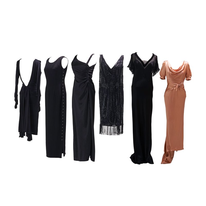 RECENT DESIGNER EVENING WEAR: Six pieces: Ralph Lauren Polo beaded black silk flapper dress with fringe, liner, modern day size 4-6; Chloe blush silk bias cut gown, puff sleeves, embellished belt, size 42; Armani black silk rouche