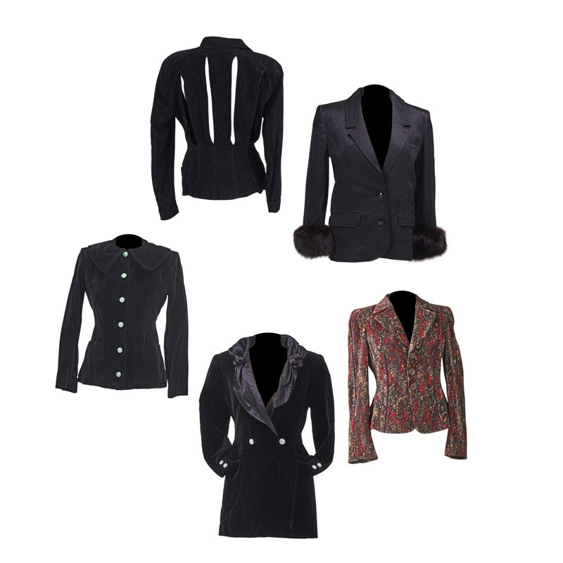 FIVE DESIGNER EVENING JACKETS: Valentino black quilted silk with fox fur cuffs, modern day size 6-8; Saint Laurent black velvet with celery enameled buttons, size 42; Armani pleated printed silk, size 4; Nina Ricci black velvet tux