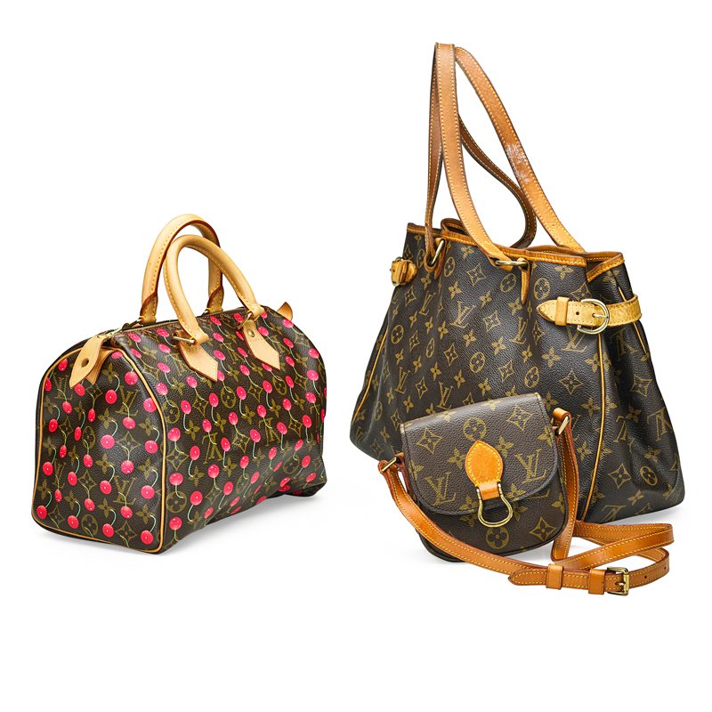 COLLECTION OF LOUIS VUITTON SIGNATURE HANDBAGS: Three pieces: Murakami monogram Cerises 25 bag with original lock, key tag and booklet; Batignolles Horizontal monogram shoulder bag with cinching buckles, 16 3/4" x 10" x 5"; St. Cloud monogram cross
