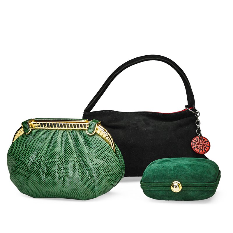 THREE DESIGNER HANDBAGS: Judith Leiber forest green skin minaudière with gold tone hardware, lizard strap, file interior, with original pouch accessory; Mark Cross forest green clutch with gold tone push closure, chain strap