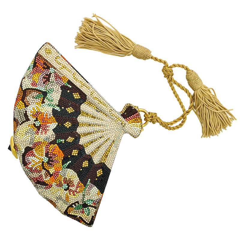 JUDITH LEIBER FULL BEAD CRYSTAL FAN MINAUDIERE: Multihued crystals of black, orange, pink and gold colors in floral design, black gem push clasp closure, gold tone hardware, chain, silk tassel, leather interior, with original mirror, registry card,
