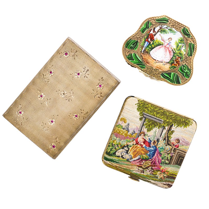 COLLECTION OF LADIES ACCESSORIES INCLUDES STERLING: Three pieces: Sterling silver necessarie with pink rhinestones and malachite push closure, marked "925" with illegible control marks; Continental enameled gold tone 800 silver compact; Needlepoint com