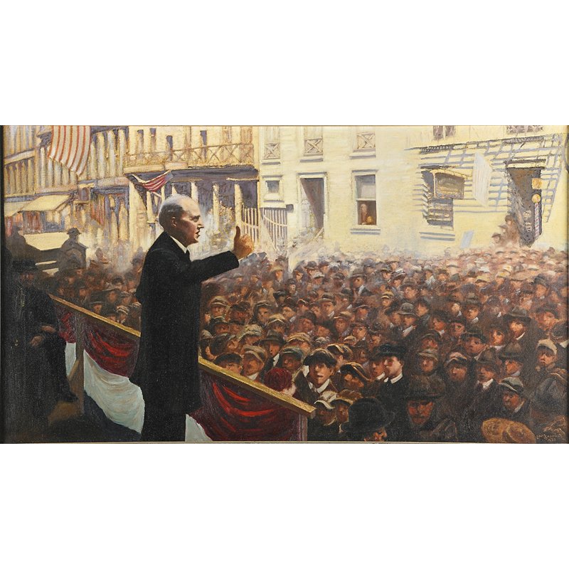 Louis Saphier (American, 1877-1954): The Candidate (Norman Thomas Speaking at the HIAS); 1933; Oil on canvas (framed); Signed and dated; 21" x 36"; Provenance: Beacon Hill Fine Art, New York (label on verso); Private Collection, Washingt