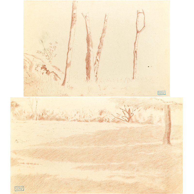 Joseph Stella (American, 1877-1946) Two Works: Untitled (Landscapes); Two conté crayons on paper; Both have Estate stamp; 5" x 9" (sheet) and 6" x 9" (sheet); Provenance: Giovanni Stella, M.D. (the brother of the artist); Mrs. Giovanni Stella; Jo