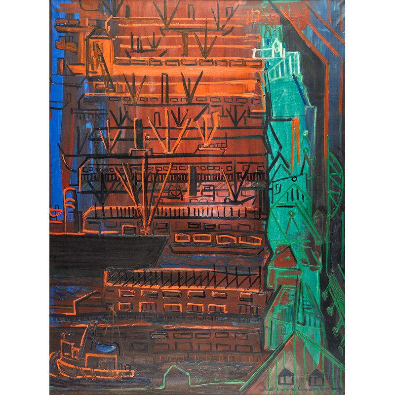 Ludwig Bemelmans (Austrian/American, 1898-1962): West Street, N.Y.; Oil on canvas (framed); Signed and titled; 58" x 45"; Provenance: Private Collection, North Carolina