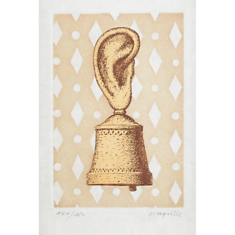 After Rene Magritte (Belgian, 1898-1967): L'Oreille Cloche, La Lecon de Musique, 1968; Etching and aquatint in colors (framed); Stamped signature and numbered 140/150 (in pencil); 6" x 4" (plate); 9 1/4" x 6" (sight); Publisher: Atelier Georg