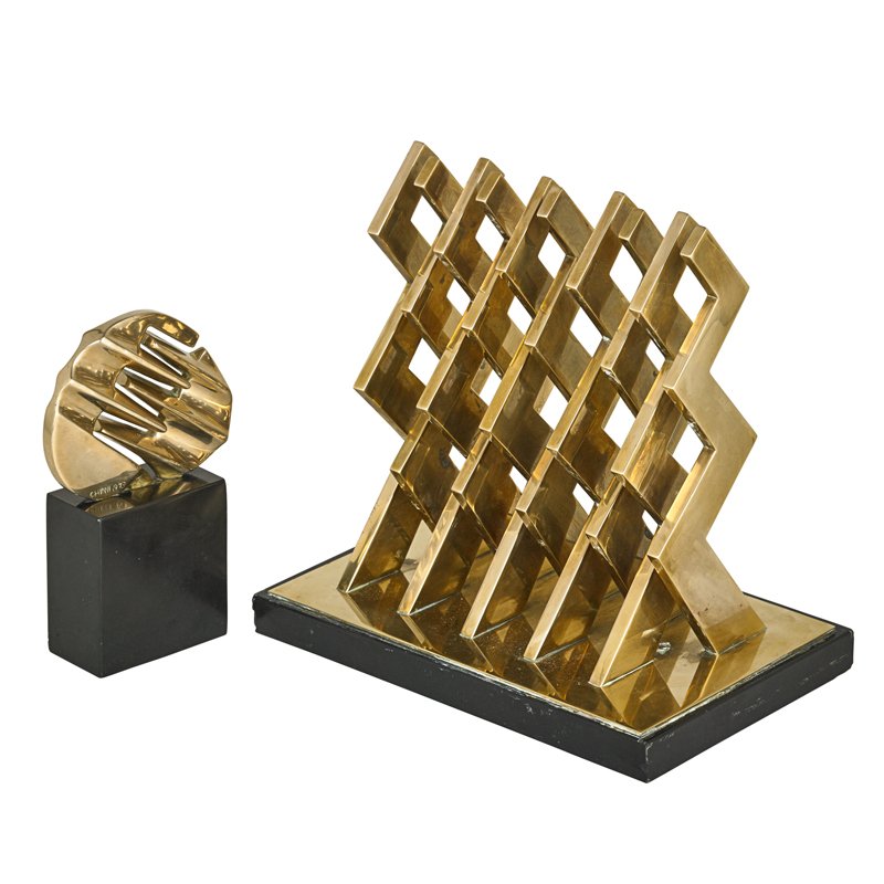 Peter Anthony Chinni (American, b. 1928): Two works of art: Untitled; Bronze on stone base; Signed and numbered 5/8; 7 7/8" x 8 1/8" x 5 3/8" (without base); 8 1/2" x 8 5/8" x 5 3/4" (with base); Untitled, 1973; Bronze on stone base; Signed a