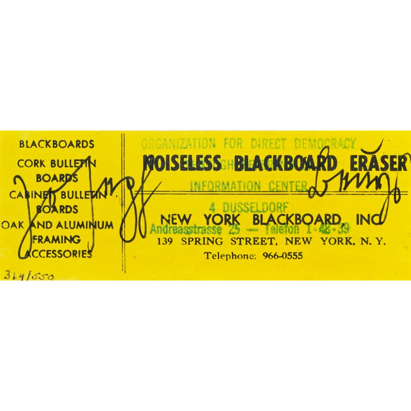 Joseph Beuys (German, 1921-1986): Noiseless Blackboard Eraser, 1974; Felt Blackboard Eraser; Signed and numbered 314/550; 2" x 5" x 1"; Literature: Schellmann Cat. 101; Provenance: Private Collection, Florida