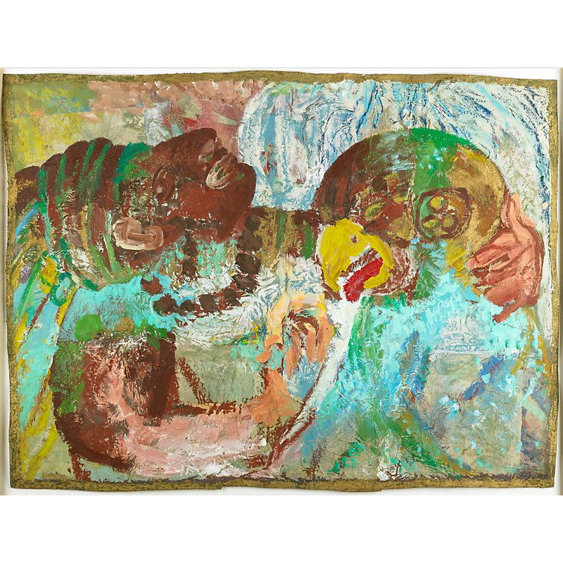 Roberto Juarez (American, b. 1952): At Fountain with Child, 1984; Acrylic, oil-stick and collage on paper (framed); Initialed and dated; 33" x 45" (sheet); Provenance: Robert Miller Gallery, New York (label on verso); Private Collection
