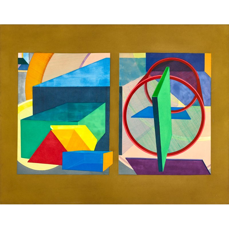 Al Held (American, 1928-2005): Two etchings and aquatints in colors (framed separately); Out and In, 1987; 35" x 44 1/2" (plate); 39 1/2" x 52" (sheet); Indigo, 1990; 35" x 44 1/2" (plate); 39 1/2" x 52" (sheet); Printer: Renée Bo