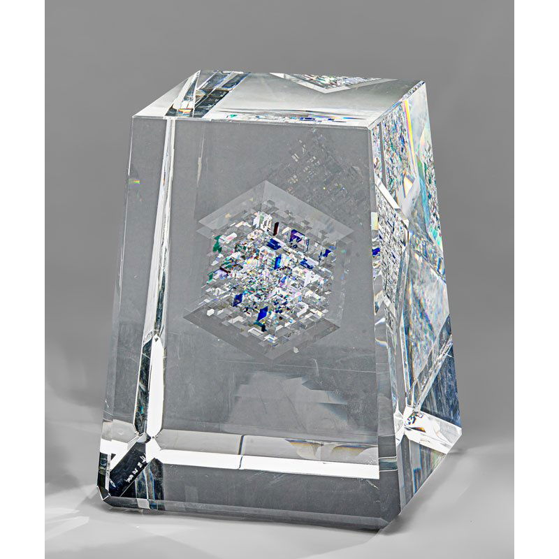 JON KUHN Sculpture, "Blues Harmony": JON KUHN (b. 1949) Sculpture, "Blues Harmony," Winston-Salem, NC, 1992 Internally decorated laminated glass Signed, dated, and titled 10 1/2" x 8" sq. Provenance: Leslie Hindman, Sale 118, October 200