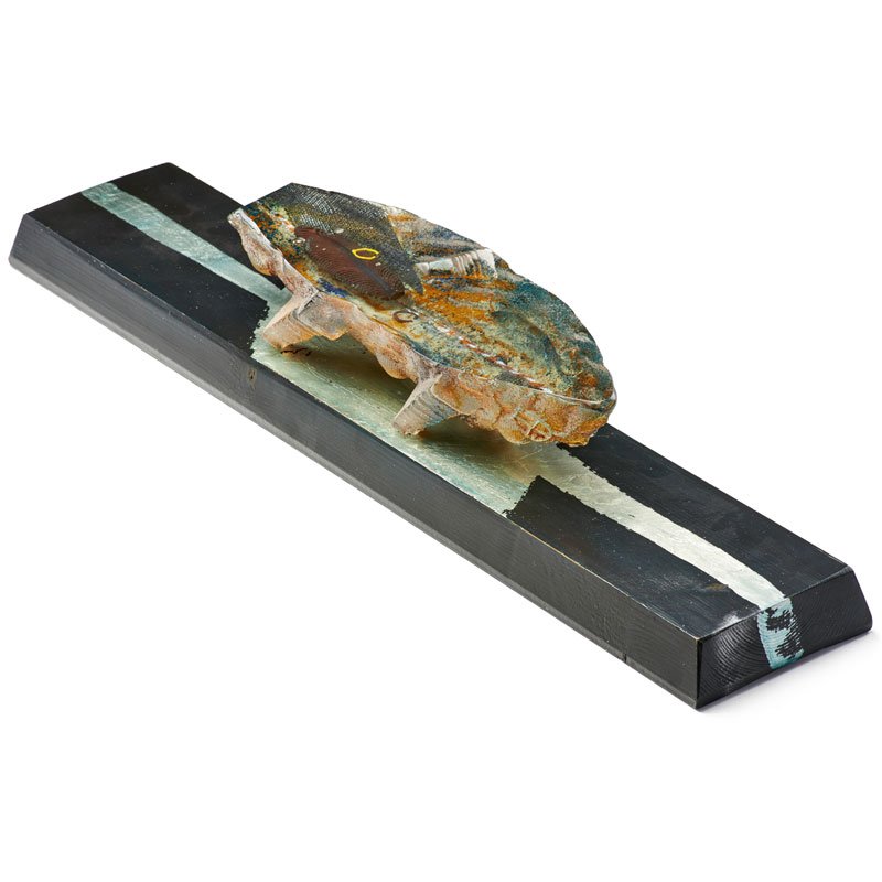 BERTIL VALLIEN; KOSTA BODA Cast glass boat sculpture: BERTIL VALLIEN (b. 1938) KOSTA BODA Boat sculpture with figure, Sweden Cast glass, painted wood with silver leaf Etched B. Vallien Y-196 KOSTA BODA Glass only: 3" x 15 1/2" x 4 1/2", base: 2" x 29" x