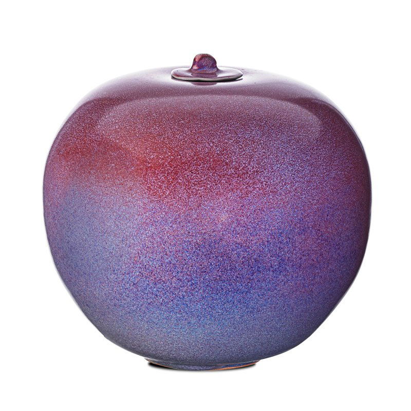 BROTHER THOMAS BEZANSON Lidded vessel: BROTHER THOMAS BEZANSON (1929 - 2007) Lidded porcelain vessel, Purple and Red Copper glaze Ichthys symbol/600/51/2/4/2 7 1/4" x 7 1/2"