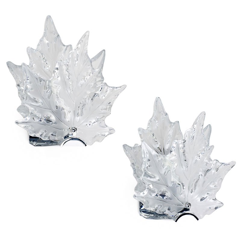 LALIQUE "Champs Elysees" sconces: LALIQUE Pair of "Champs Elysees" sconces, France, after 1978 Frosted and clear glass, chromed metal, one socket each Etched Lalique France with copyright 10" x 10" x 6" ea.
