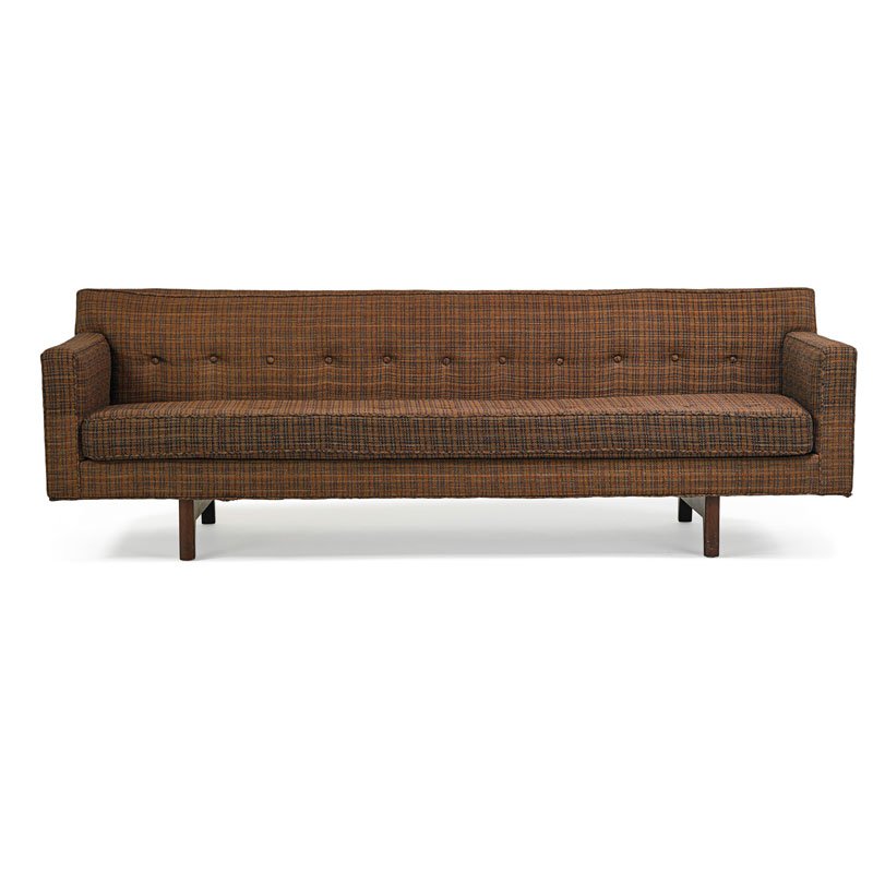 EDWARD WORMLEY; DUNBAR Sofa: EDWARD WORMLEY (1907 - 1995) DUNBAR Sofa, Berne, IN, 1960s Mahogany, upholstery Embroidered decking 27 1/2" x 85" x 32"