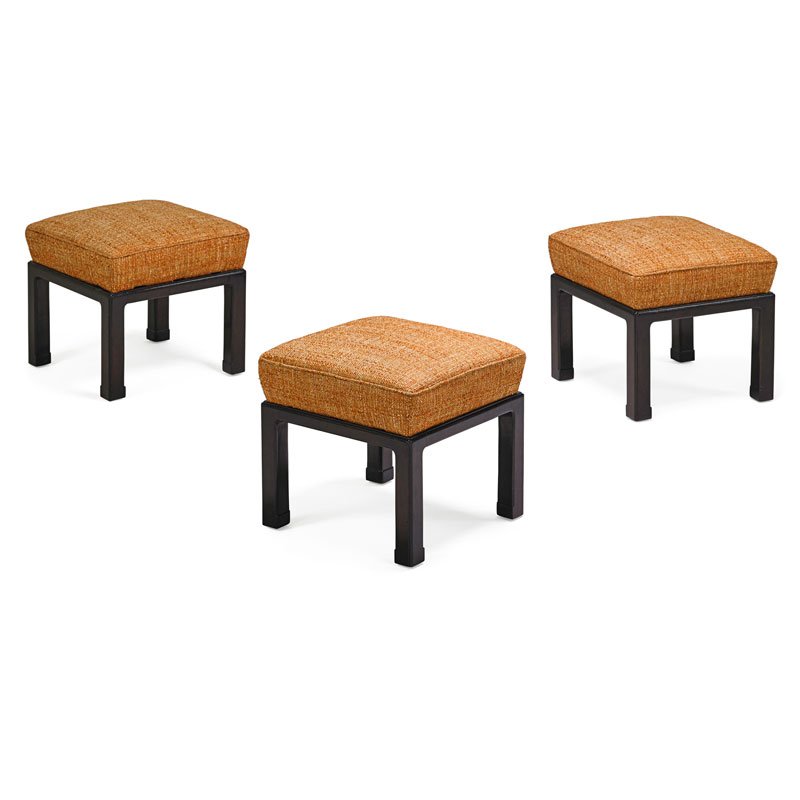 WORMLEY; DUNBAR Three stools: EDWARD WORMLEY (1907 - 1995) DUNBAR Three stools, Berne, IN, 1940s Lacquered mahogany, upholstery Unmarked 18" x 18" sq.