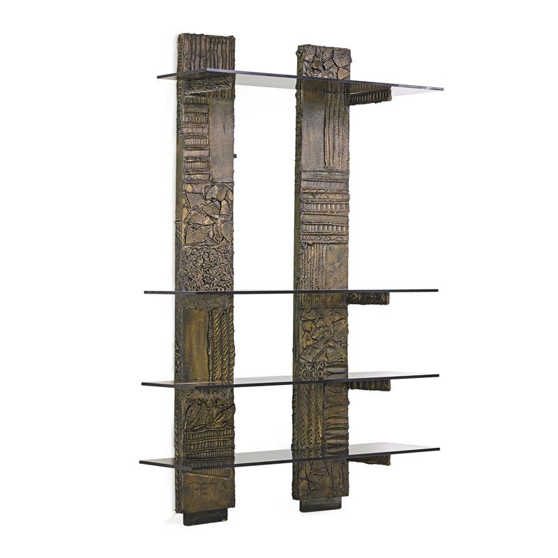 PAUL EVANS; DIRECTIONAL Sculptured Metal shelf: PAUL EVANS (1931 - 1987) DIRECTIONAL Sculptured Metal shelf (PE 118), USA, 1973 Bronze, composite, glass Signed PE 73 78 1/2" x 48" x 17 1/2"