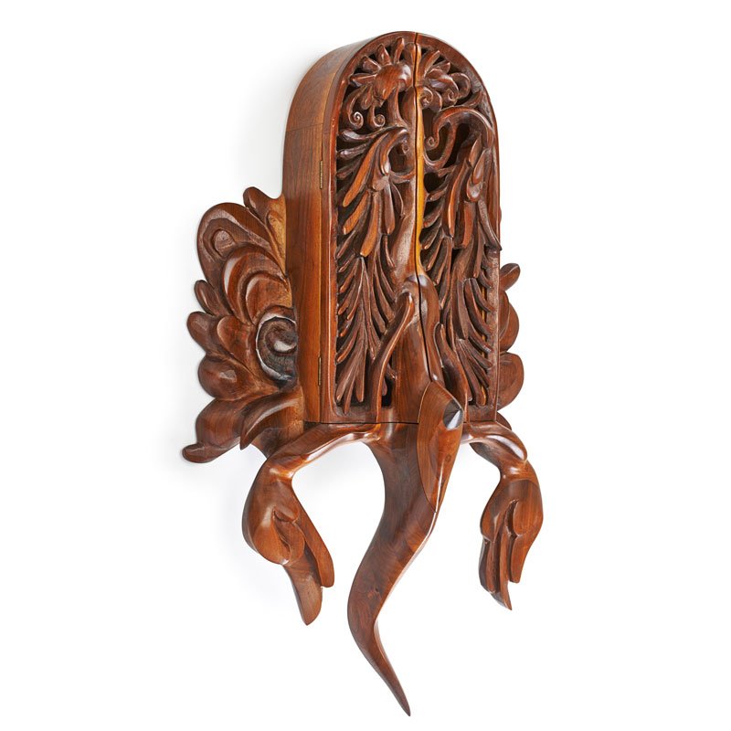 ROY SUPERIOR Wall hanging cabinet: ROY SUPERIOR (1934 - 2013) Wall hanging cabinet, Nature Fantasy Series, Collinsville, CT, 1973 Carved and laminated walnut Signed and dated, R. Superior 1973 40" x 24" x 9 1/2"