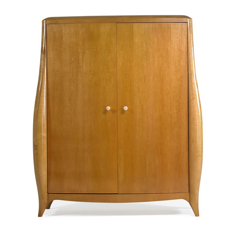 MARK REED Custom cabinet: Custom cabinet, Bordentown, NJ, 1980s Sculpted tiger maple, maple, turned birch Unmarked 78” x 68” x 27”