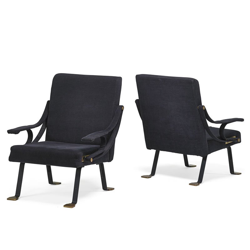 IGNAZIO GARDELLA; SANTA & COLE Pr. Digamma chairs: IGNAZIO GARDELLA (1905 - 1999) SANTA & COLE Pair of Digamma adjustable lounge chairs, Spain, 2000s Enameled steel, brass, upholstery Unmarked 34 1/2" x 28" x 31 1/2" Literature: Gramigna, Il Design in