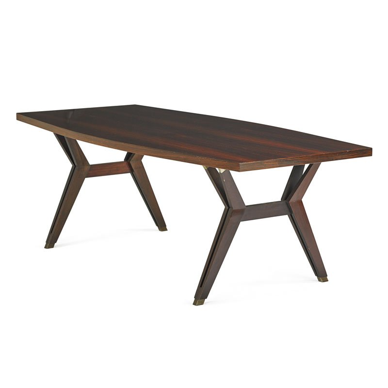 ICO AND LUISA PARISI; MIM Dining table: ICO PARISI (1916 - 1996) LUISA PARISI (1914 - 1990) MOBILI ITALIANI MODERNI Dining table, Italy, 1950s Rosewood, matte-chromed steel Metal manufacturer label 28 1/2" x 83" x 39 1/2"