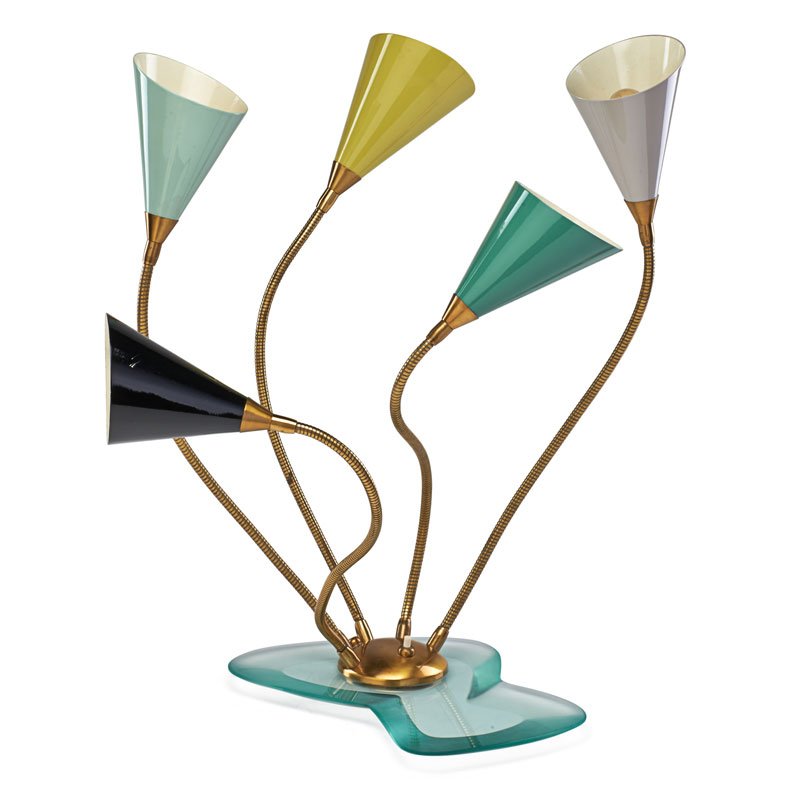 STYLE OF GINO SARFATTI Lamp: STYLE OF GINO SARFATTI Five-arm adjustable table lamp, Italy, 1950s Carved glass, brass, enameled metal Unmarked As shown: 20 1/2" x 18" x 16"