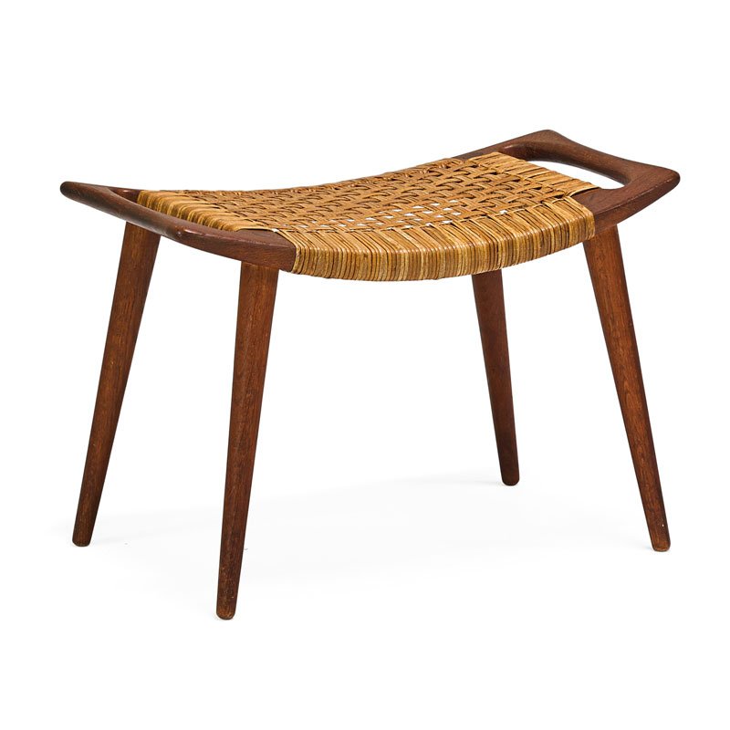 HANS WEGNER; JOHANNES HANSEN Bench: HANS WEGNER (1914 - 2007) JOHANNES HANSEN Bench, Denmark, 1960s Oak, cane Metal manufacturer label 18" x 26" x 15"