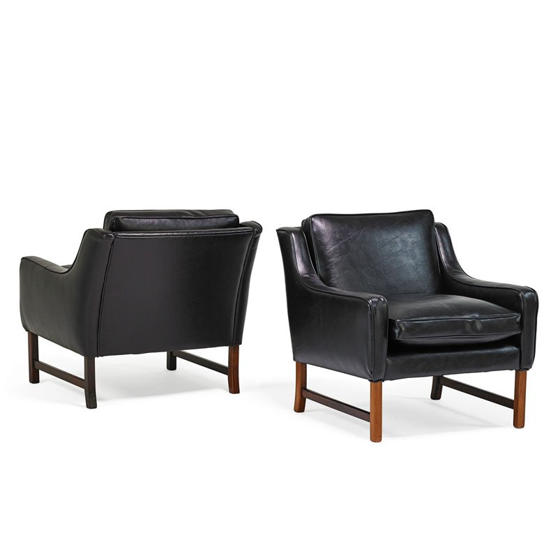 BORGE MOGENSEN (attr.) Pair of lounge chairs: BORGE MOGENSEN (Attr.) (1914 - 1972) VATNE MOBLER Pair of lounge chairs, Norway, 1960s Rosewood, vinyl Metal manufacturer label 29" x 30" x 32"