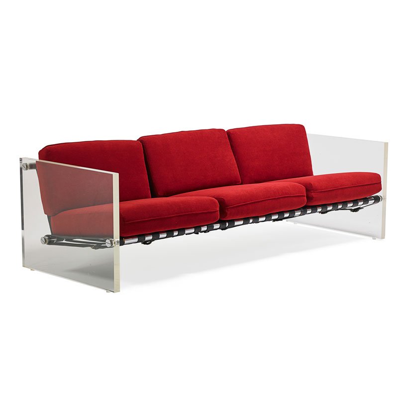 SELIG (Attr.) Sofa: SELIG (Attr.) Sofa, USA, 1970s Acrylic, chromed steel, leather, upholstery Unmarked 27" x 85" x 33"